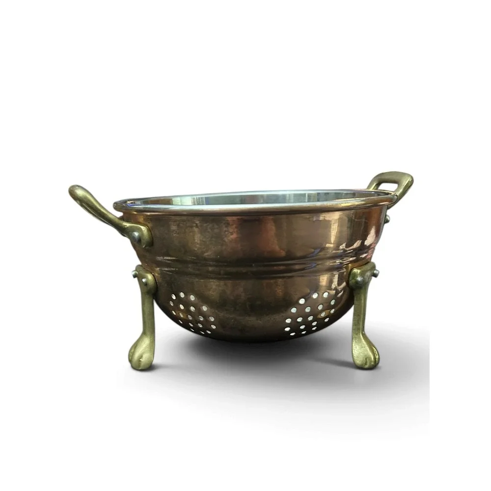 Vintage Solid Copper Colander Footed Brass Tripod Lion Paw Handles 70s Hang Tag